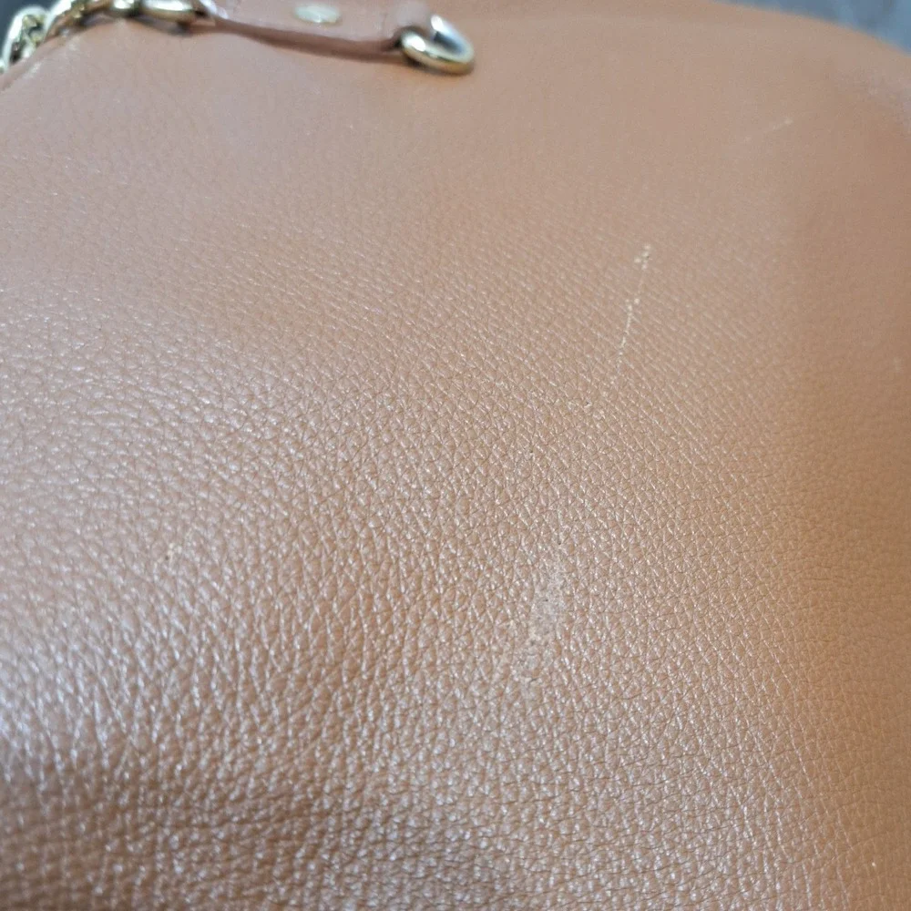 Michael Kors Pebbled Leather Tote Bag Luggage Brown Gold Chain Shoulder Bag